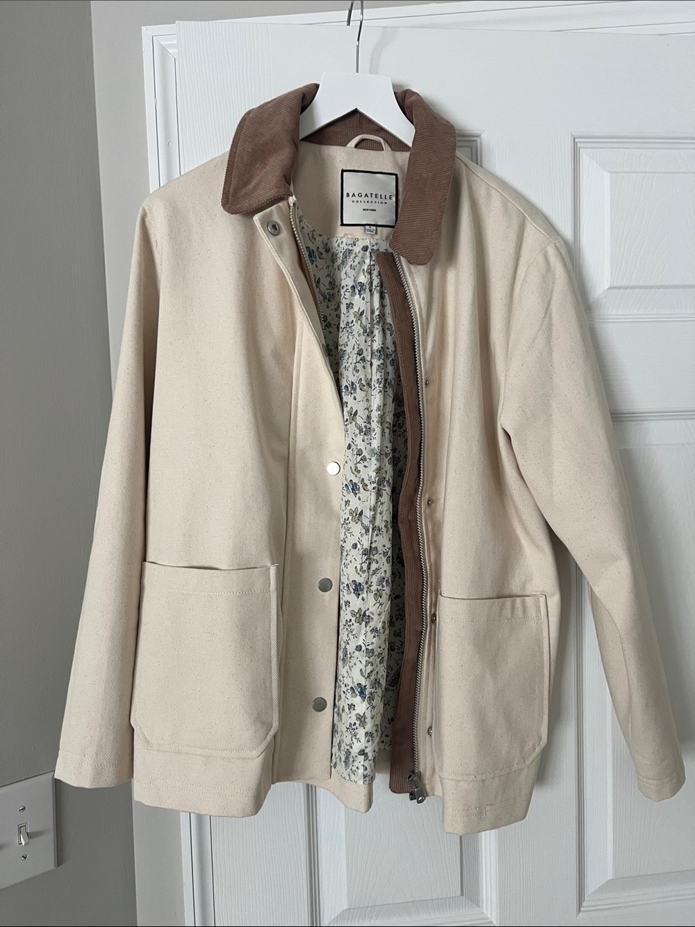 bagatelle Cream Canvas Jacket with Brown Corduroy Collar and Floral Lining